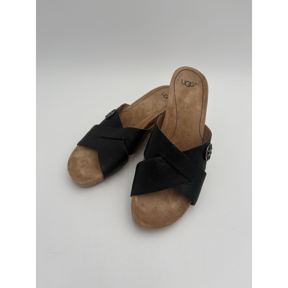 UGG Lyra Sandals Black Leather Cross Straps Wedge Open Round Toe Size 8